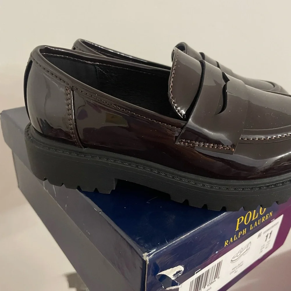 Polo by Ralph Lauren Men’s Dark Burgundy Patent Leather Lug Sole Penny Loafers